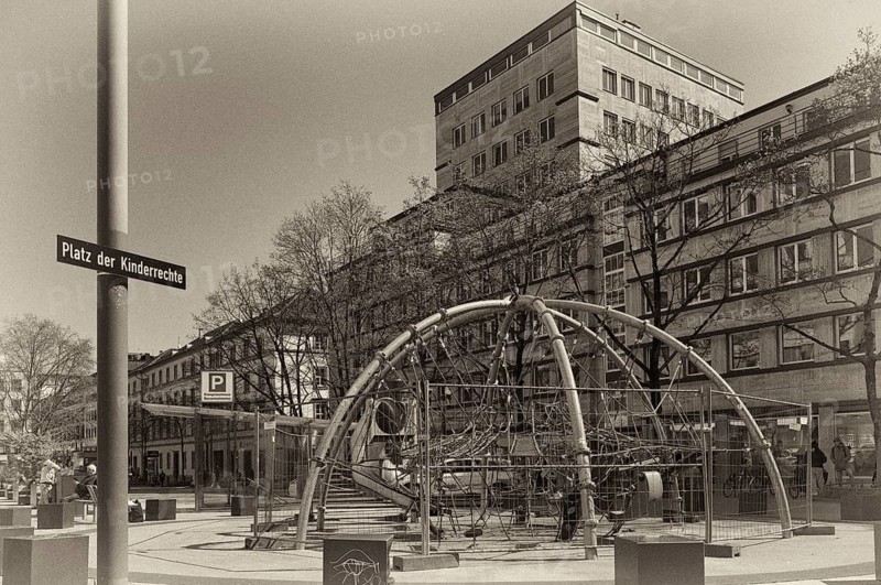 Street sign, CHILDREN'S RIGHTS SQUARE, children's rights square next to it, play equipment, blocked, cordoned off, black and white, vintage, Stuttgart, Baden-Württemberg, Germany