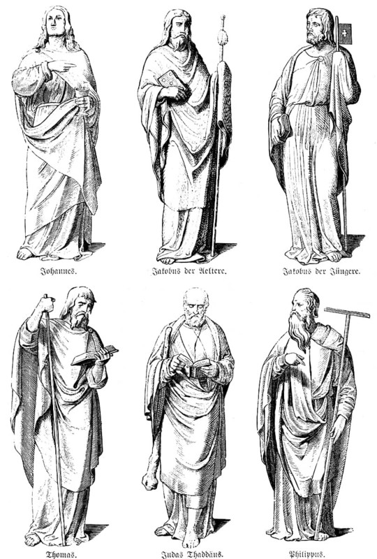 Portrait of the Apostles John, James the Elder, James the Younger, Thomas, Judas Thaddeus, Philip, Bible, New Testament, Gospel of Luke, historical illustration 1880