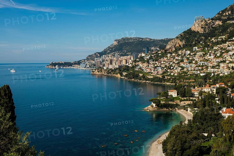 View of Roquebrune and Monaco, Plage du Golfe Bleu, Alpes Maritimes, Provence Alpes Cote d'Azur, French Riviera, South of France, France