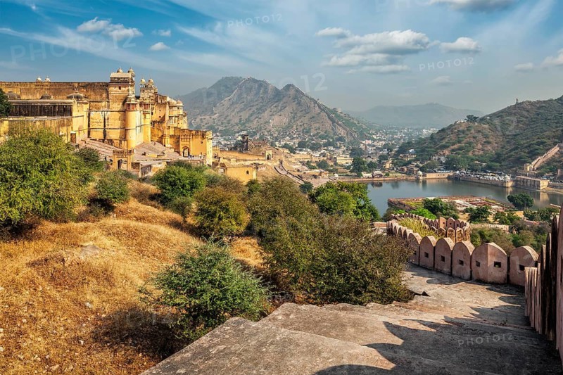 Indian travel famous tourist landmark, view of Amer (Amber) fort and Maota lake, Rajasthan, India