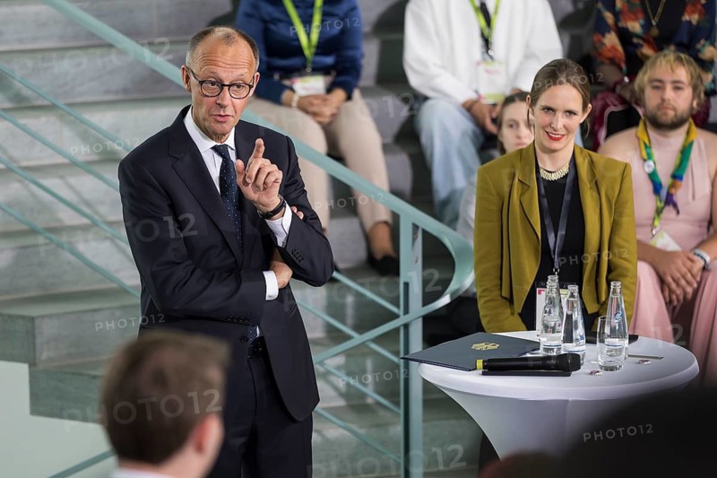 Friedrich Merz (CDU), Chancellor of the Federal Republic of Germany, at the opening statement for the discussion with the multilateral youth camp Youth4Peace in the Federal Chancellery, Berlin, 8 May 2025
