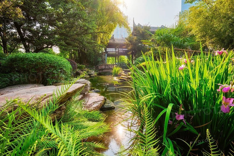 Chinese garden park in China, Wangjiang Pavilion (Wangjiang Tower) Wangjianglou Park. Chengdu, Sichuan, China