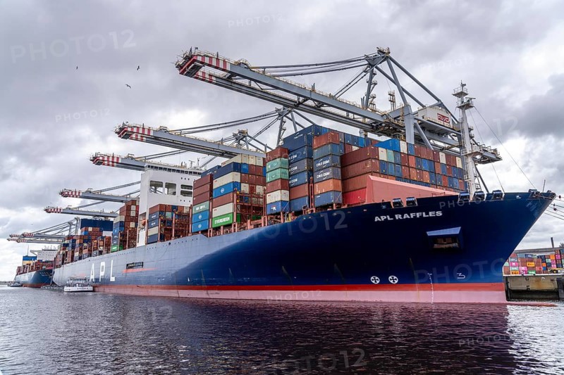 RWG Container Terminal, seaport of Rotterdam, container freighter APL Raffles, being loaded and unloaded, deep sea harbour Maasvlakte 2, on an artificial land area, Netherlands