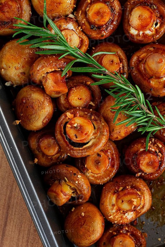 Fried mushrooms, with spices, in soy sauce, vegetarian food, homemade, no people