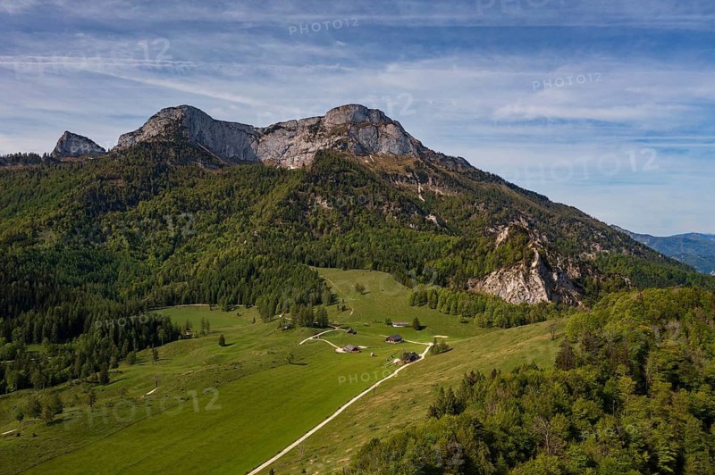 Drone image, Eisenaualm with Schafberg, Osterhorn group, Salzkammergut, Salzburg province, Austria