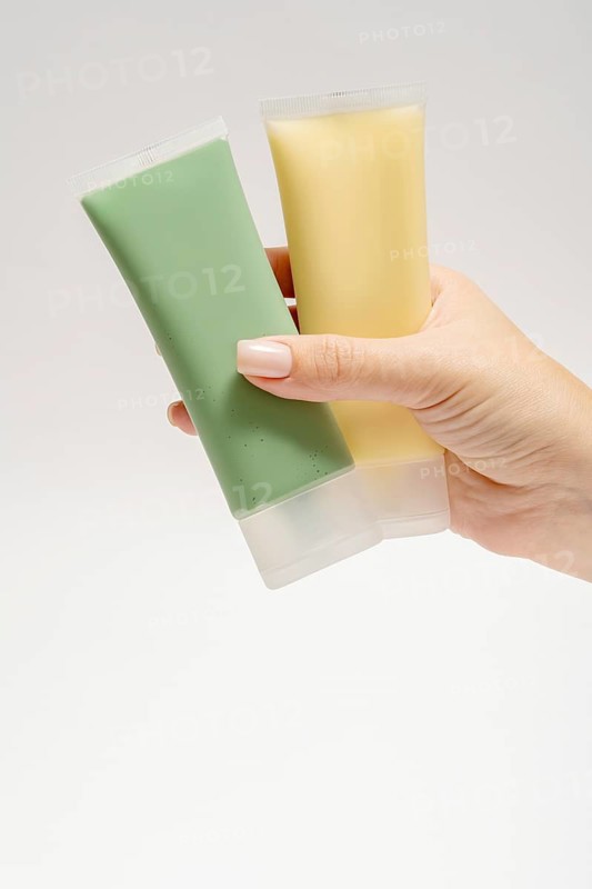 Cropped unrecognizable person showcasing two skincare tubes, a green mask with spirulina, kaolin, and green tea for detox and acne, alongside a yellow mask with manuka honey for anti-aging
