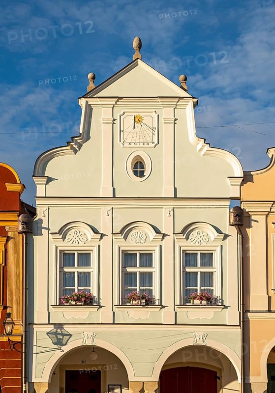 Renaissance-reconstructed Gothic house with high gable and sundial remodelled in the Baroque style at 50 Zachariáše z Hradce Square, Telc, Czech Republic