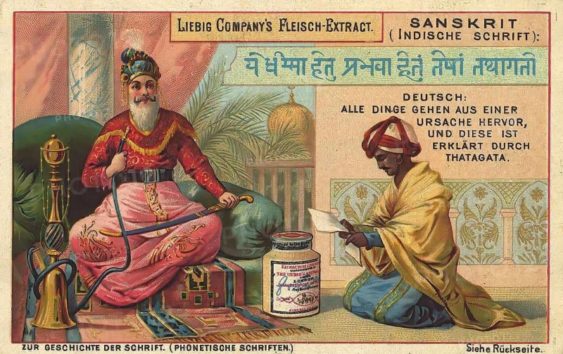 Picture series The history of writing, Sanskrit, Indian script, Liebig picture, digitally restored reproduction of a collector's picture from ca 1900, public domain, exact date unknown, A scholar in traditional dress in front of a background scene with characters