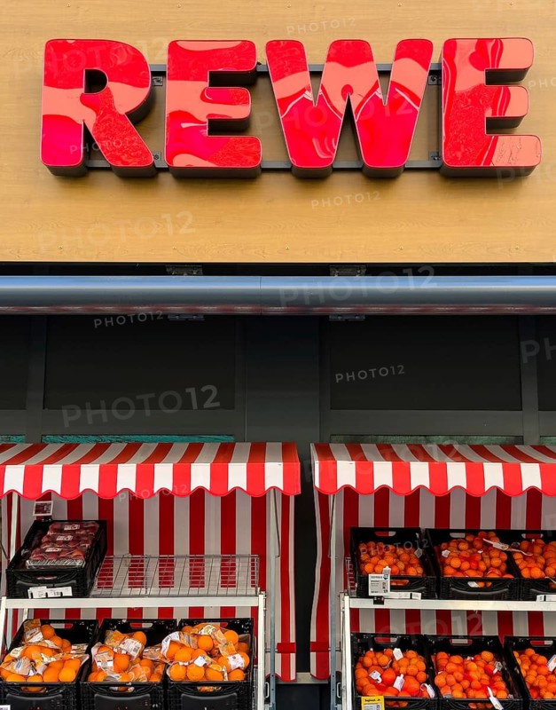Rewe lettering on a supermarket in Düsseldorf, Germany