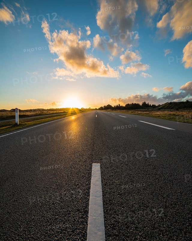 Sunrise over country road with central reservation, Jutland, Denmark