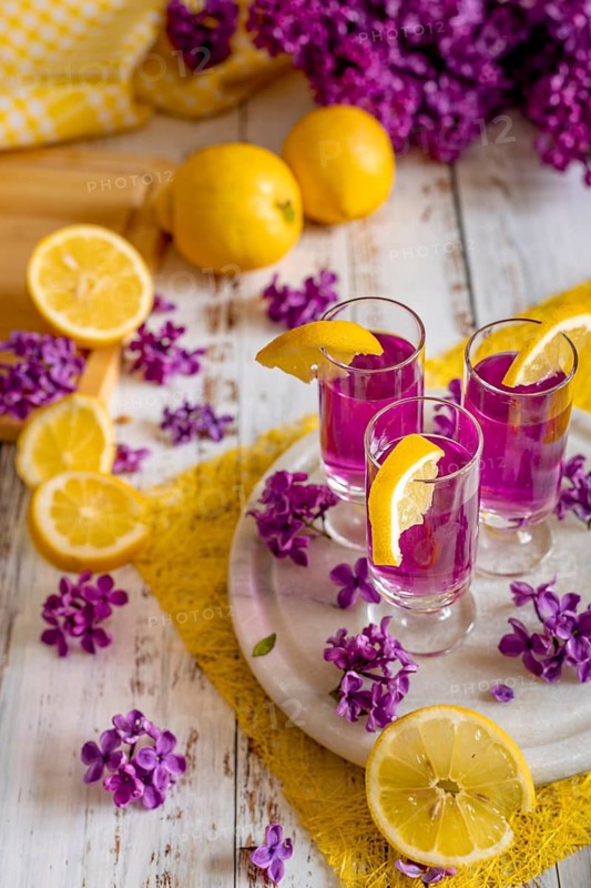 Purple and yellow, Decorative, Liqueur and cocktails with lemons