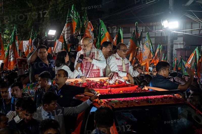 Amit Shah addressing press during a road show of the Bharatiya Janata Party ahead of the Assam Assembly Election 2026 in Guwahati, India on 28 March 2026