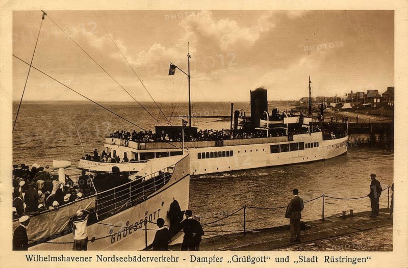 Historical postcard, picture postcard, Nodseebäderverkehr, steamer Grüßgott and the town of Rüstrungen in Wilhelmshaven, Lower Saxony, Germany, digitally enhanced reproduction of an original from around 1900, picture postcard