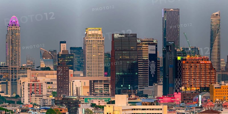 Sunset panorama of Golden Mount, skyline with numerous high-rise buildings, Bangkok, Thailand