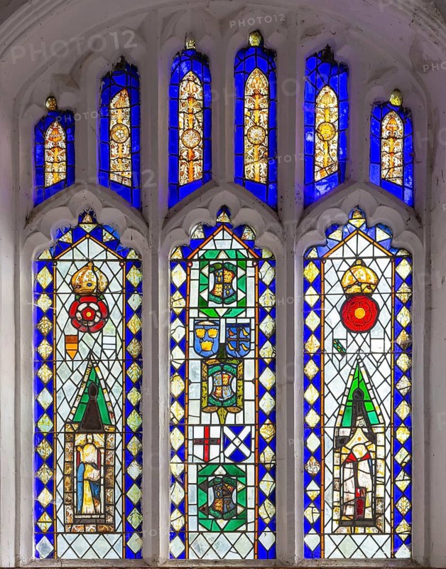 Stained glass of east window medieval fragments, Church of Saint Nicholas, Rushbrooke, Suffolk, England, UK