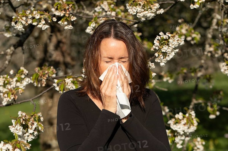 Woman sneezing into a tissue in a blooming orchard during spring. Pollen allergy or hay fever concept