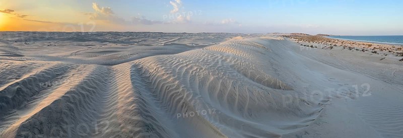 Sunset, white sand dunes in the Khaluf desert, Oman