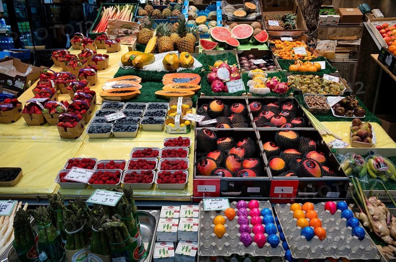 Interior view, display, fruit stand, vegetable stand, colored eggs, Easter eggs, Easter, market hall, Stuttgart, Baden-Württemberg, Germany