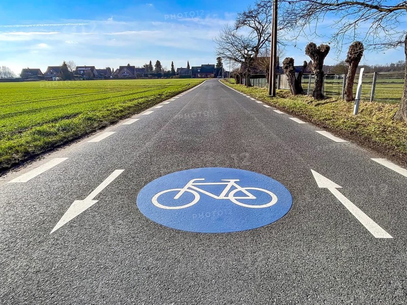 Large marking on narrow district road country road in rural area painted symbol for road signs 244.1-40 beginning end of a bicycle road, next to it direction arrows for in both directions of travel, Germany