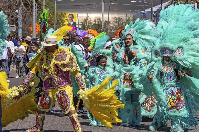 New Orleans, Louisiana - The Mardi Gras Indians' Super Sunday parade. African-Americans create elaborate costumes for the annual event to honor Native Americans who, during slavery, helped helped people escape and gave them refuge