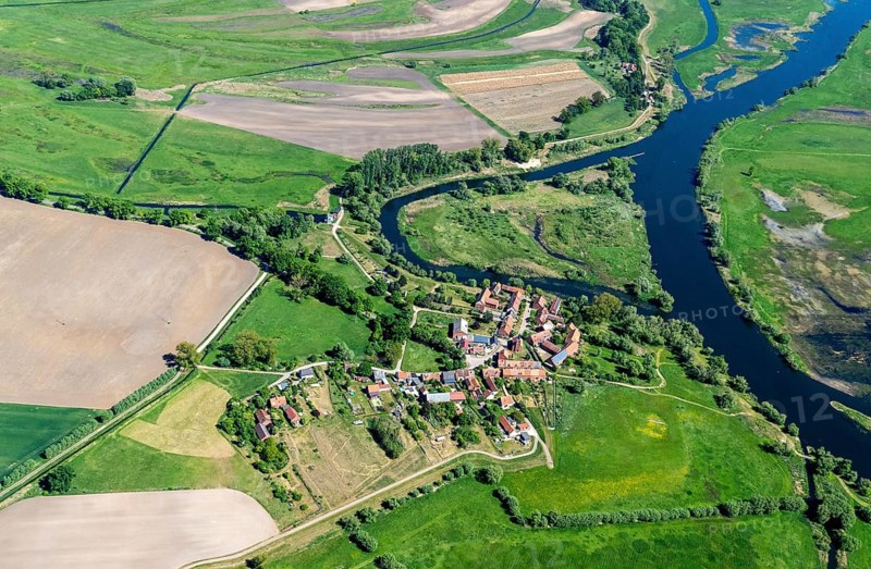 Vehlgast, heritage-protected building, village centre, Hanseatic town, Havelberg, Vehlgast village Havel, Havel, river, Stendal, Saxony-Anhalt, Germany, aerial view