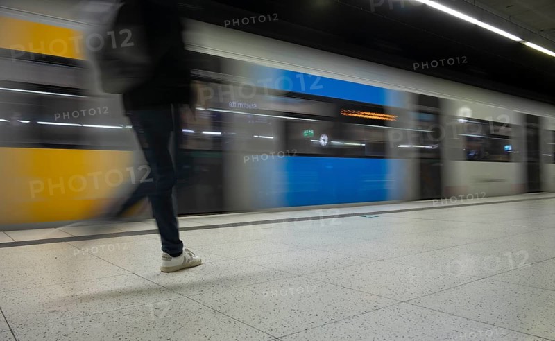 Underground incoming S-Bahn, train, class 420 generation 2025, platform, passengers, travelers, blurred, stop, Stadtmitte station, public transport, movement effect, Stuttgart, Baden-Württemberg, Germany