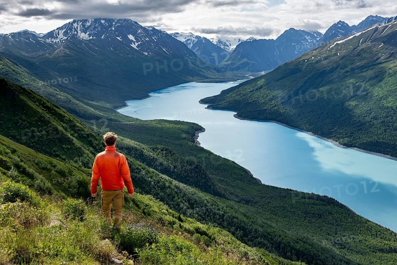 Mountaineer enjoys views of blue lake and mountains on Twin Peaks Trail, Eklutna Lake, Chugach Mountains, Chugach State Park, Alaska, USA
