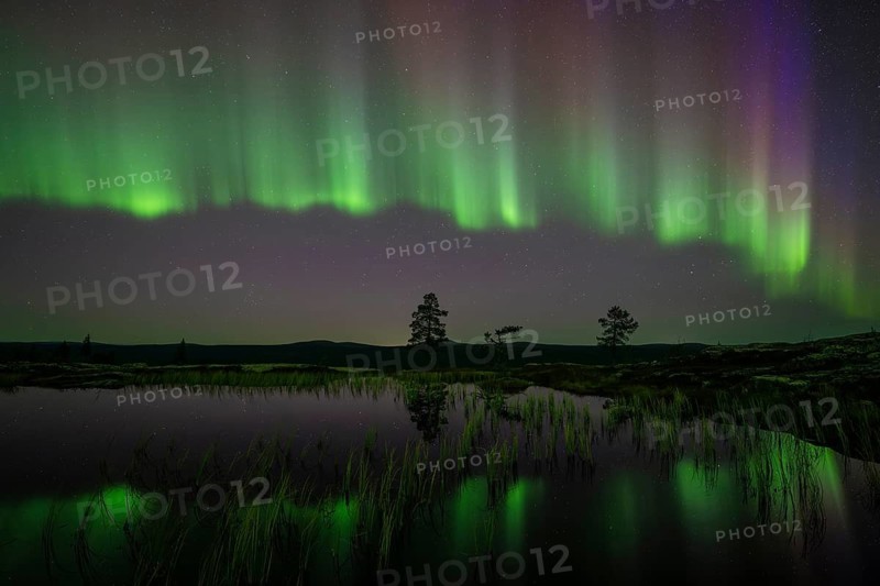 Northern Lights (Aurora borealis) reflected in a mountain lake, Norrbotten, Lapland, Sweden, September 2024