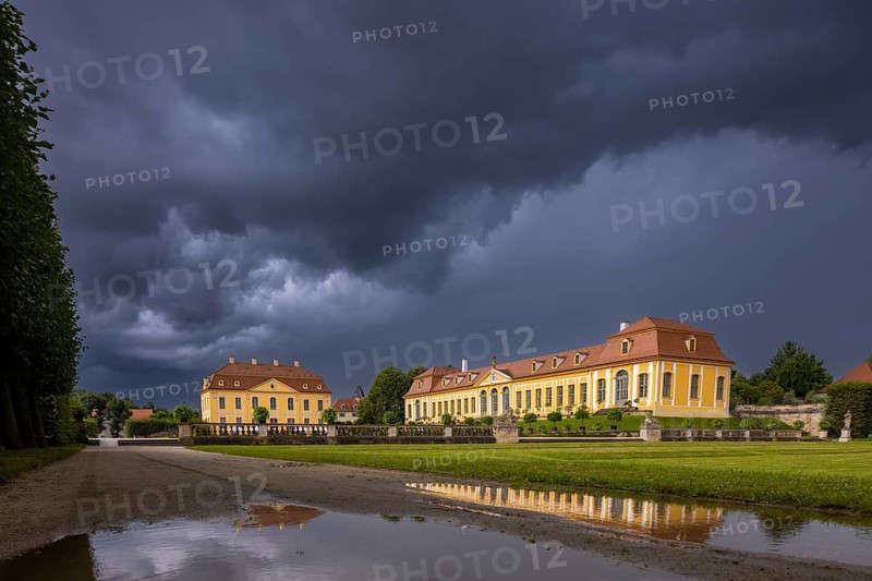 Grosssedlitz Baroque Garden, the most important garden creation of the 18th century in Saxony. Friedrichsschlösschen and Upper Orangery with stormy sky, Heidenau Großsedlitz, Saxony, Germany