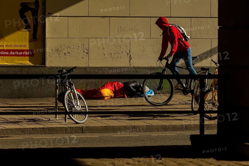 Homeless person at Dresden Central Station, Dresden, Saxony, Germany