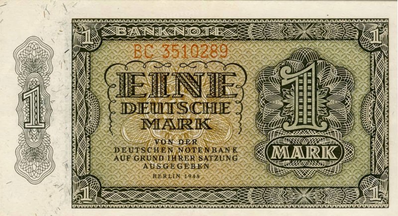 Banknote, 1 Deutsche Mark, 1948, Germany, reproduction of a historical banknote