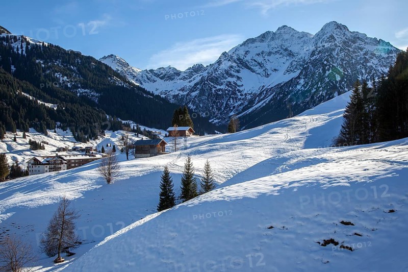 Snowy landscape, behind Widderstein and Kleiner Widderstein, near Mittelberg, Kleinwalsertal, Vorarlberg, Austria