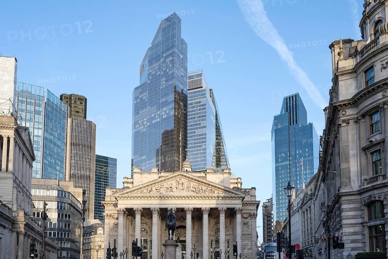 London, UK. February 25th 2026. The Royal Exchange building flanked by Threadneedle Street and The Bank of England in the heart of the City of London, financial and commercial heart of the capital, UK