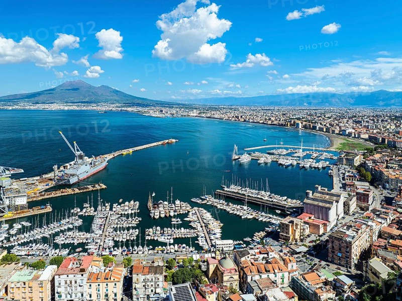 View of Castellammare di Stabia and Mount Vesuvius from a drone, Naples, Italy