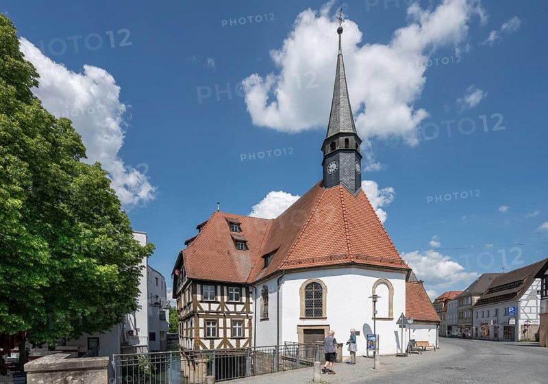 Historic St Catherine's Hospital, built in 1611, with St Catherine's Hospital Church, built in 1450, Forchheim, Upper Franconia, Bavaria, Germany
