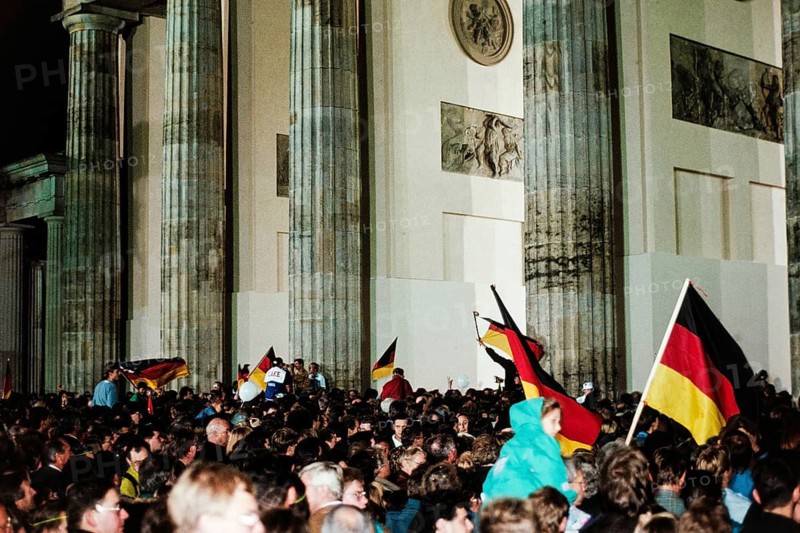 Historic photo of the reunification ceremony on October 3, 1990 at the Brandenburg Gate, Berlin, Germany