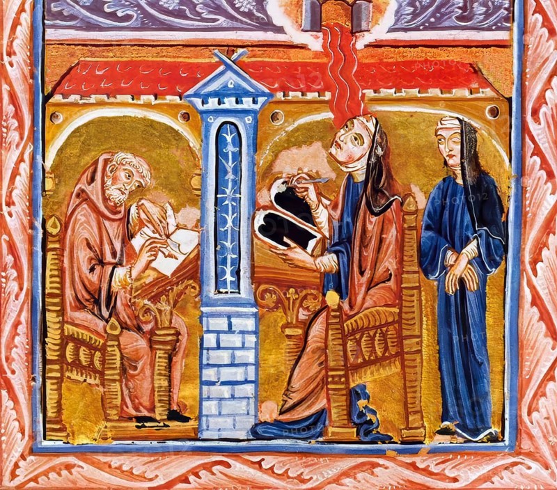 Hildegard of Bingen receives a divine vision, together with her secretary Volmar and her confidante Richardis, Hildegard von Bingen, Sibyl of the Rhine, 1098 – 1179, German Benedictine abbess and polymath, digitally edited