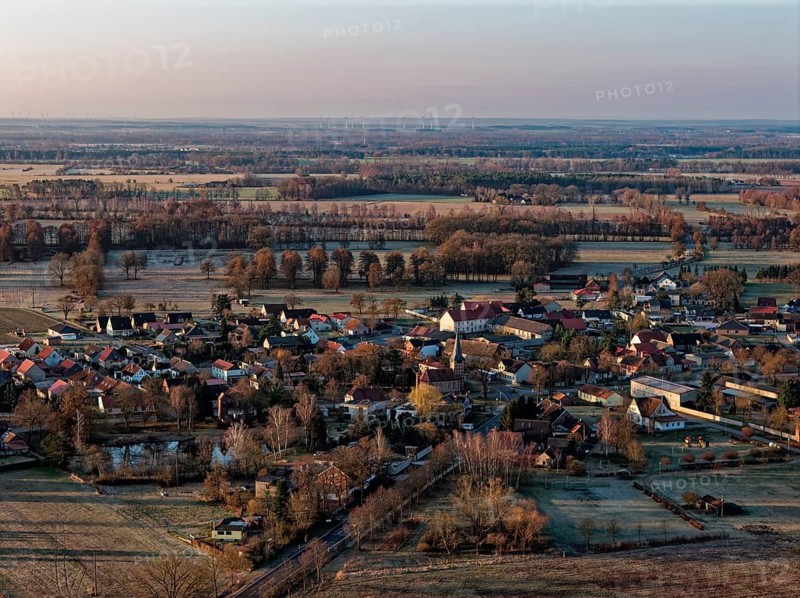 The town of Dannefeld in the UNESCO Drömling Biosphere Reserve in the Altmark early in the morning on a cold spring day. aerial view. Dannenfeld, Gardelegen, Saxony-Anhalt, Germany