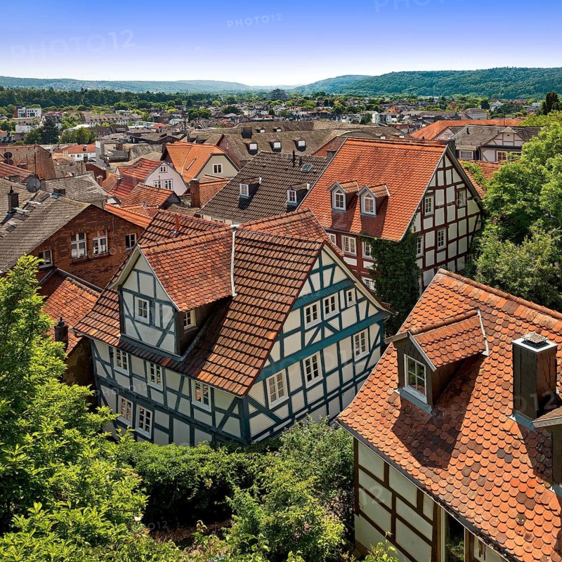View over red roofs and half-timbered houses in the old town, Marburg an der Lahn, Hesse, Germany