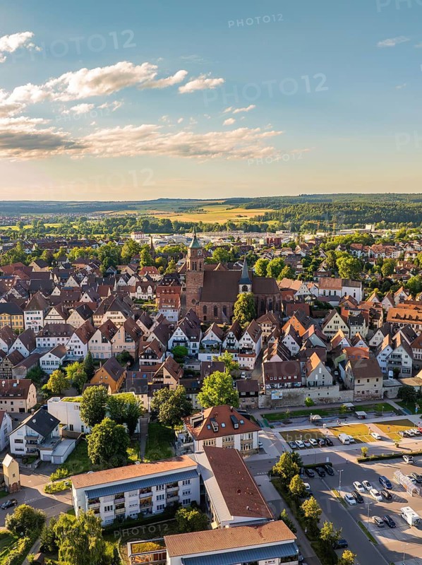 Aerial view of a cityscape with a dominating church and surrounding residential buildings under a clear sky, Weil der Stadt, Germany