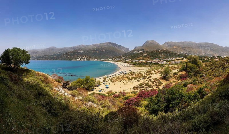 View from the Sarella peninsula to the bay and beach of Plakias, south coast, Crete, Greece
