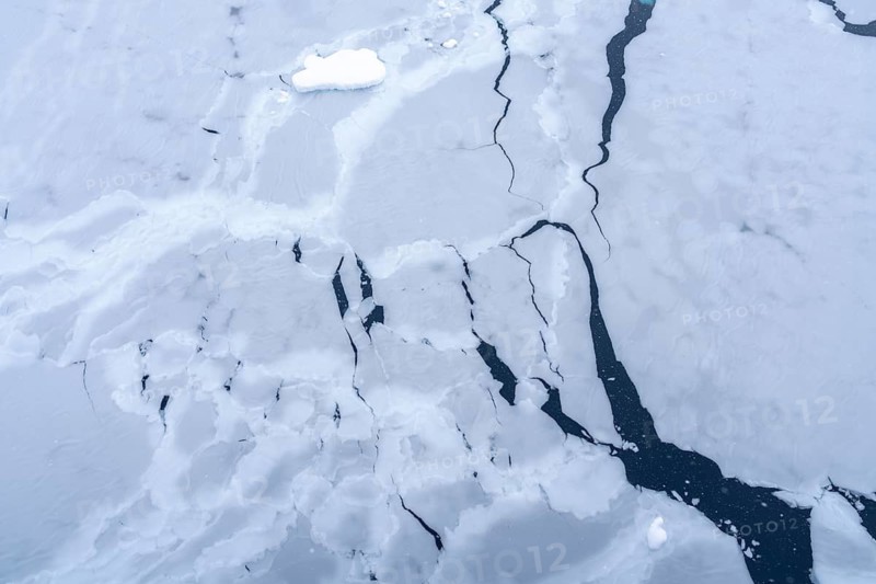 Broken sea ice with cracks and floes on dark water surface, aerial view, Gerlache Strait, Antarctic Peninsula, Antarctic