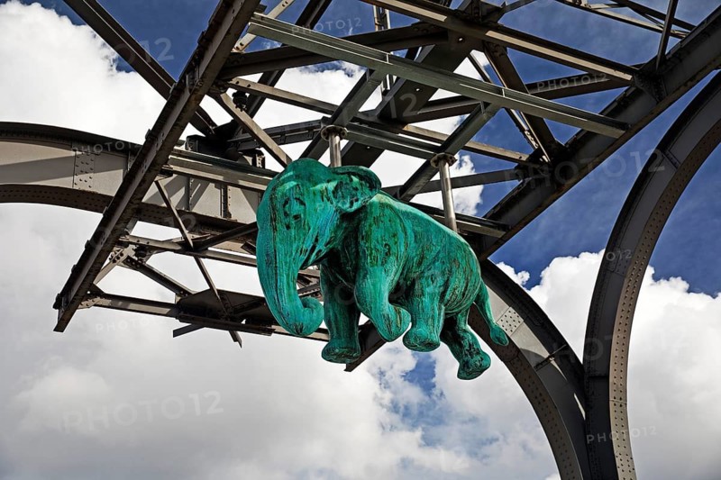 Elephant sculpture on an arch of the Wuppertal suspension railway, artist Jörg Mazur, LVR Industrial Museum, Oberhausen, Germany