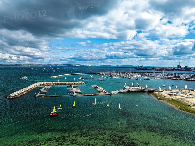 Sailboats on Portland Branch RNSA Moorings from a drone, Portland Harbour and Marina, Portland, Dorset, England, United Kingdom