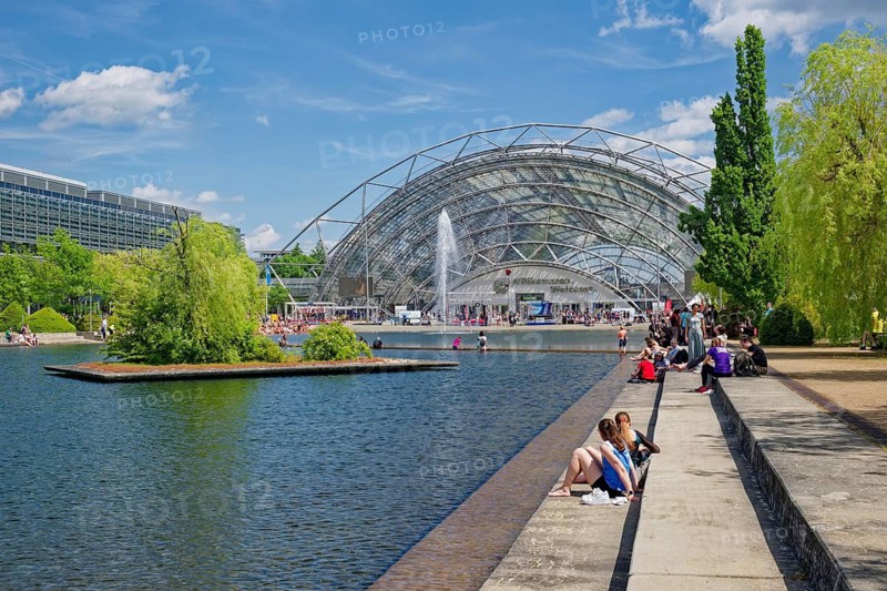 New Leipzig Trade Fair Centre, Leipzig Trade Fair, with glass entrance hall and water basin, trade fair complex, exhibition grounds, glass dome, event, trade, exhibition, Leipzig, Saxony, Germany