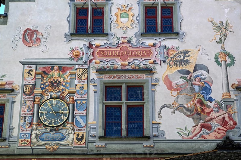 Close-up view, clock, façade painting, Old Town Hall, Old Town, Lindau, Bavaria, Lake Constance, Germany