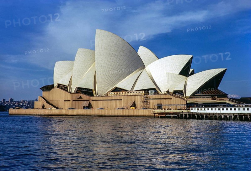 Sydney Opera House from the harbour, iconic precast concrete shells modernist architecture, architect Jørn Utzon, photograph from 1973 its year of opening