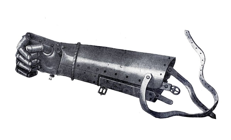 The iron hand of the knight Götz von Berlichingen, Gottfried Götz von Berlichingen zu Hornberg, with the iron hand (born around 1480 in Jagsthausen, died 23 July 1562 at Hornberg Castle), German imperial knight, illustration, reproduction from a 19th century original. Authentic, File restored for optimal use, Exact date of original unknown, Historical, A mechanical arm made of metal that looks like a historical prosthesis