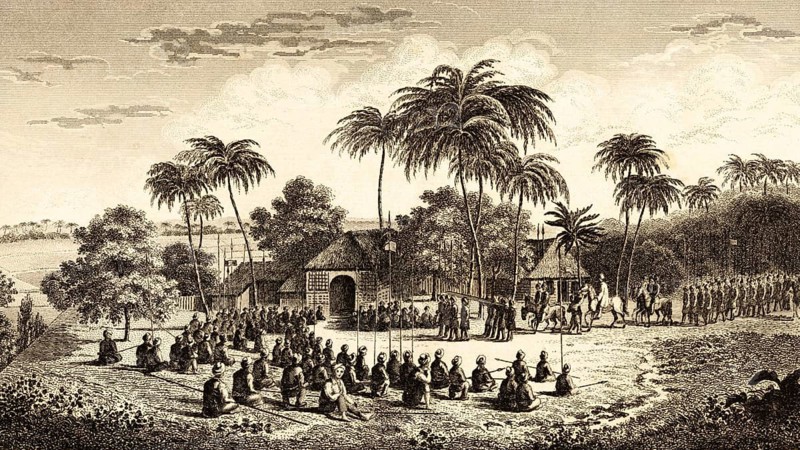 Subjugation of Dipo Negoro, freedom fighters against the colonial power Netherlands, Java War (1825-1830) guerrilla warfare, colonial rulers, Indonesia, soldiers, horsemen, natives sitting, colonialism, village, huts, architecture, building, steel engraving, historical illustration 1834