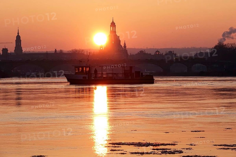 View of Church of Our Lady Dresden across the Elbe, sunset, winter, Saxony, Germany